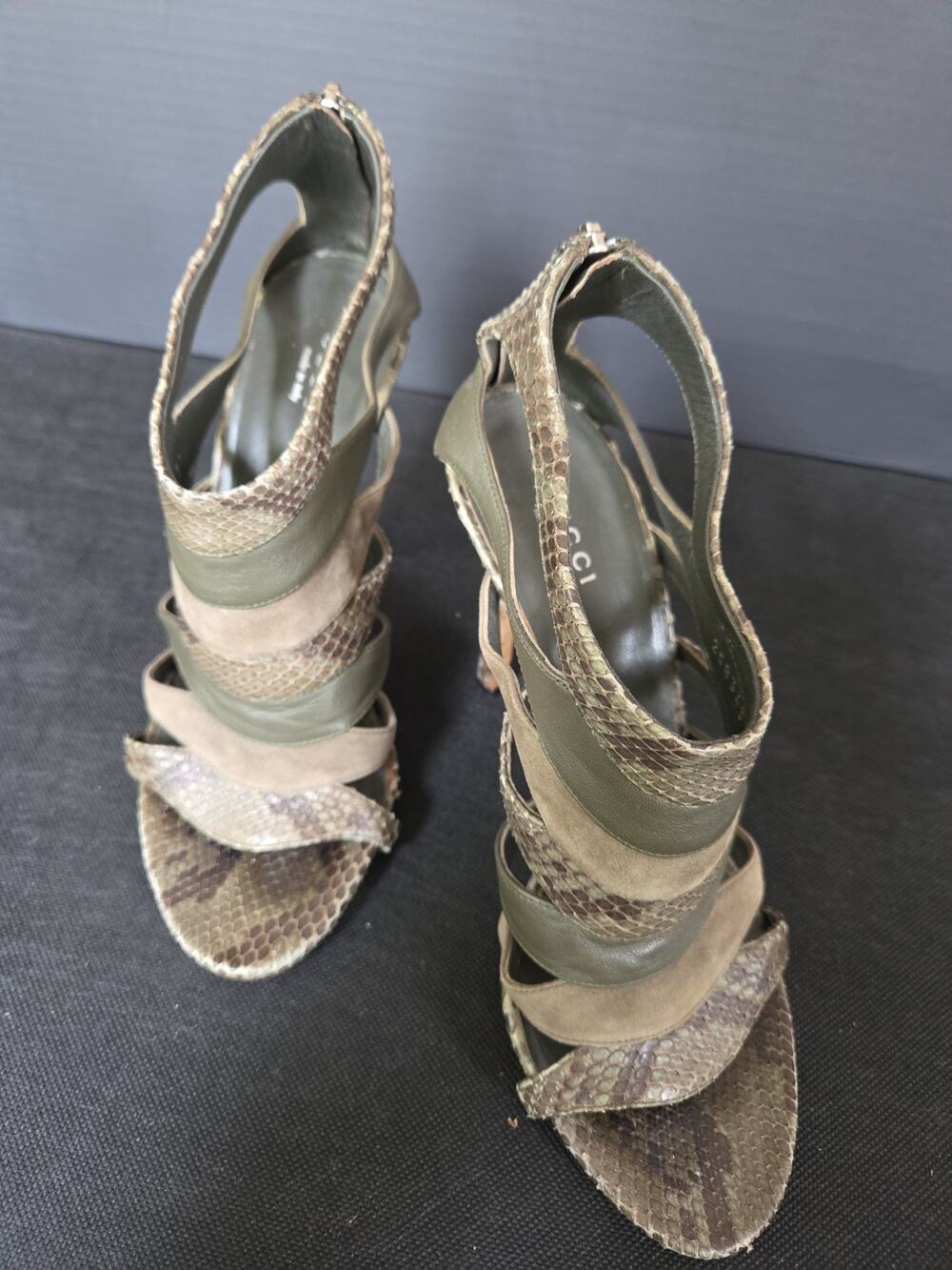 Gucci Gladiator Sandal Python & Suede Sage Green Heels EU 37 Us7
